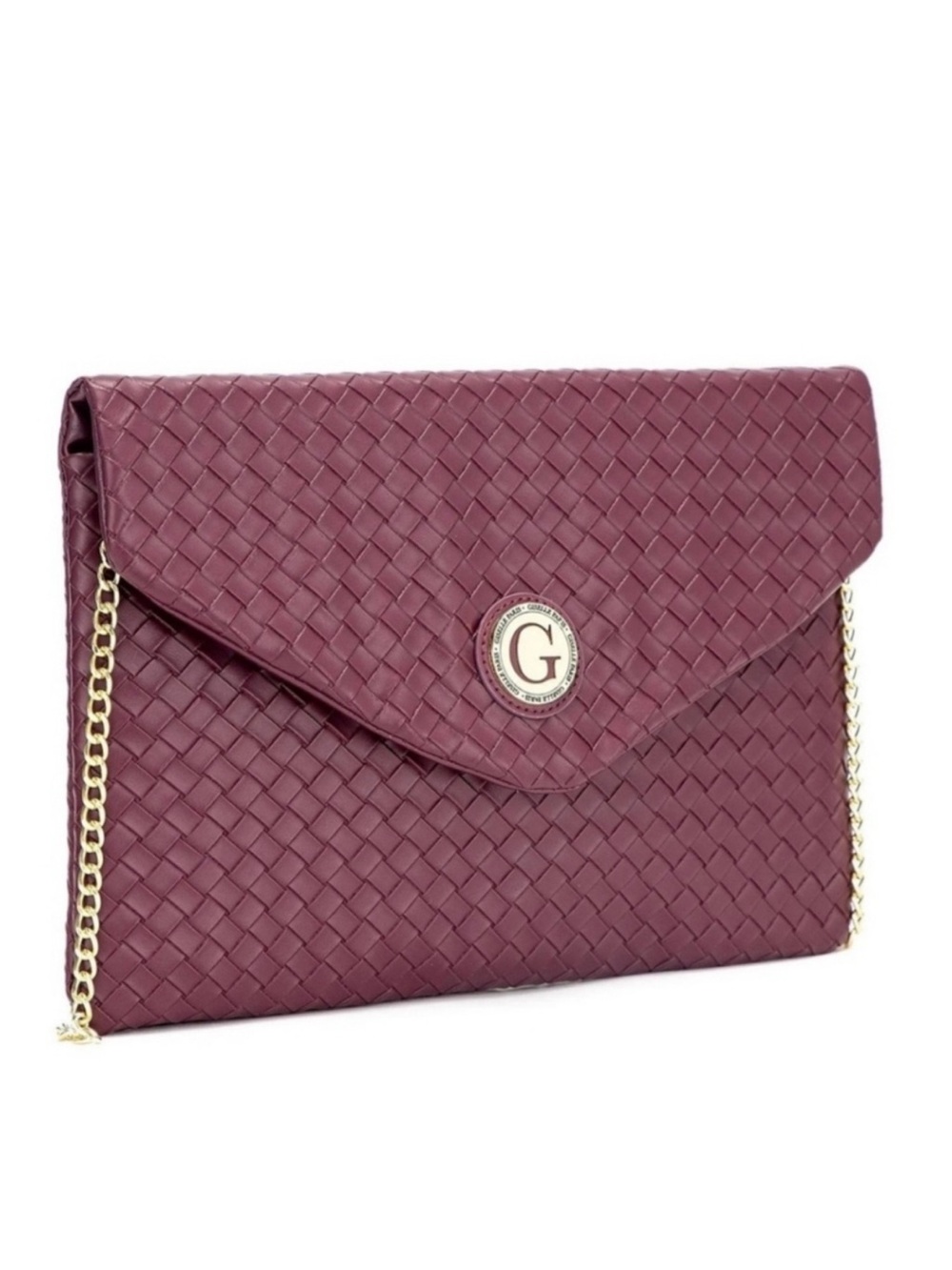 Woven Envelope Clutch with Chain Strap - Burgundy